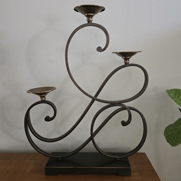 Three tier scroll bent iron/brass candle candelabra holder - Picture 3 of 8